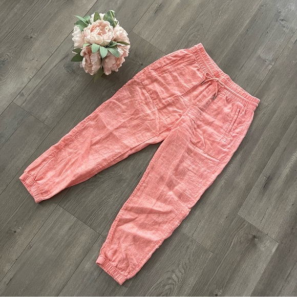 New Athleta Retreat Coral Pink Linen Jogger Pants - Picture 3 of 7